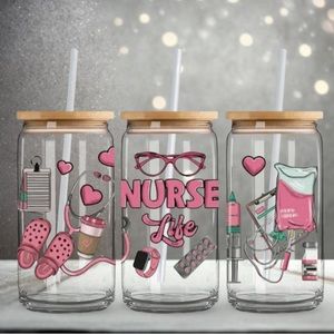 16 oz UVDTF Nurse Life Glass w/Glass Straw